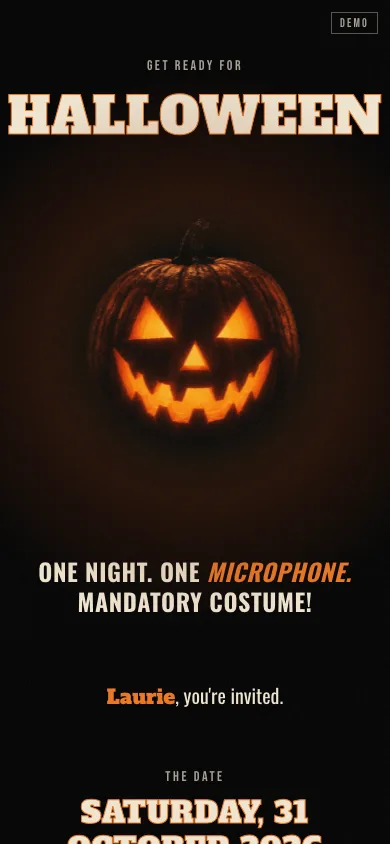 Halloween invite with a glowing pumpkin and the guest's first name