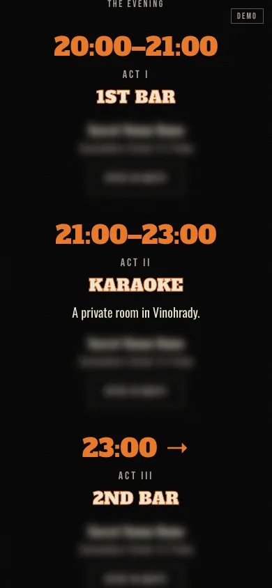 Three-act evening schedule with blurred venue names